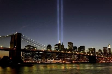 ''The Tribute of Light'' memorial shines into the sky over the night skyline of New York City as seen from Brooklyn, N.Y., on Sunday, Sept. 11, 2005.